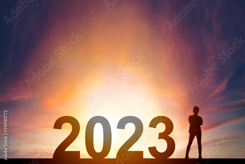 Business Concept for success in the future goal.Business man stand with 2023.