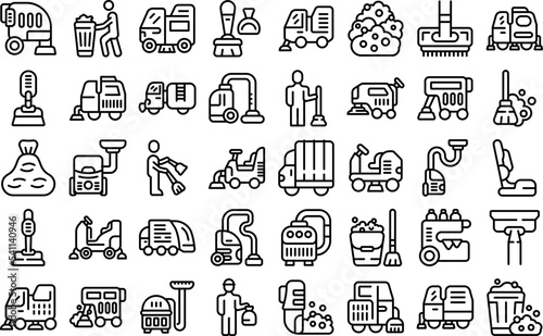 Sweeper icons set outline vector. Street truck. Machine broom