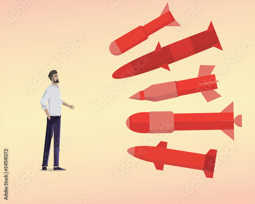a young man confront with big problem concept, businessman brave standing confront a lot of missiles point to him