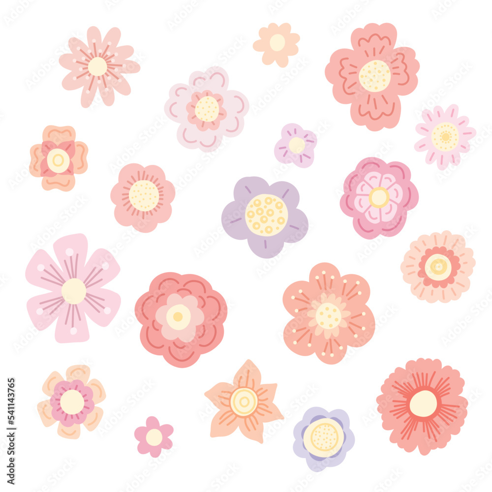 Vector set of delicate hand drawn flowers isolated from background. Collection of tender cartoon ditsy. Pastel floral kit
