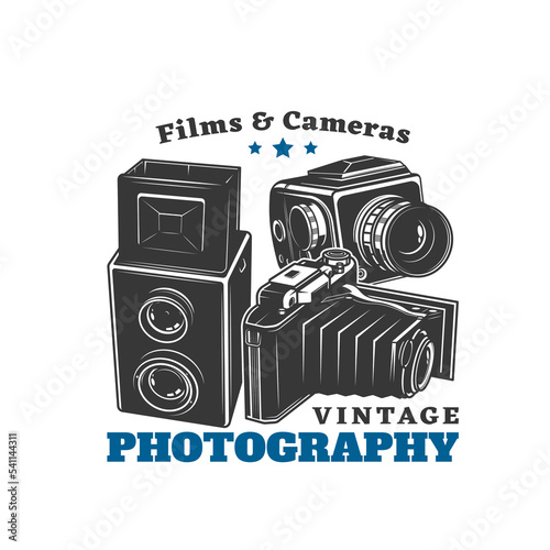 Vintage photography icon, retro photo cameras and films, vector emblem. Retro photograph shop or store with old analogue film and lens, medium format camera or photo studio symbol