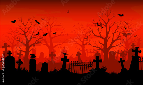 Old cemetery silhouette. Abandoned graveyard. Nightmare tombstone scary wallpaper, Halloween horror vector cover or background, creepy backdrop with graveyard crosses, bats and crows silhouettes