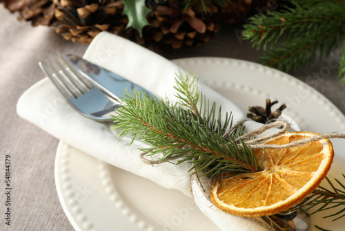 Concept of Happy New Year, Christmas table setting, close up
