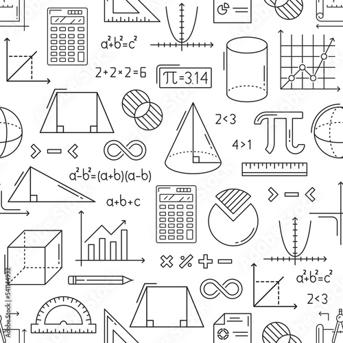 Mathematics seamless pattern. Vector background of math education with linear algebra formulas, equations and geometry figures, trigonometric graphs and charts. Pencils, rulers and protractor backdrop