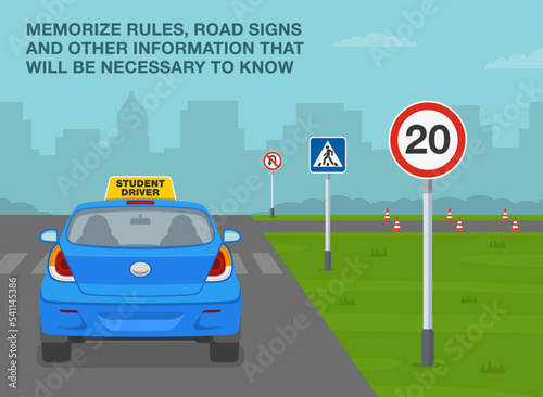 Car driving practice. Memorize rules, road signs and other informations. Back view of a student driver car on test road with traffic signs. Flat vector illustration template.