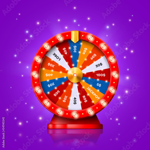 Fortune wheel spin, lucky win game and jackpot roulette, vector lottery gamble. Wheel of fortune with arrow for dollar money prize, lose or luck jackpot, casino or poker bets chance drum