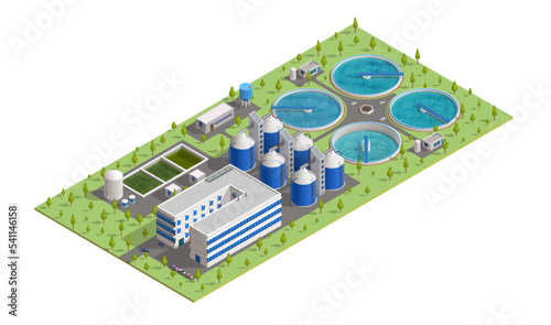 Isometric treatment plant. Sewage and wastewater filtration, purification, aeration and settling tanks. Vector facilities of waste water cleaning station with tanks, pipes, pumps and water towers