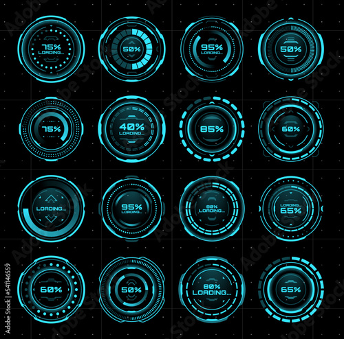 HUD futuristic circle loading bars. Sci Fi user interface, futuristic control panel loading progress bar, game UI data download status vector HUD indicator. Interface Internet connection speed screen