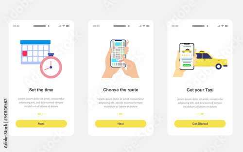 Onboarding screens for online taxi booking app for mobile or responsive website. vector illustration.