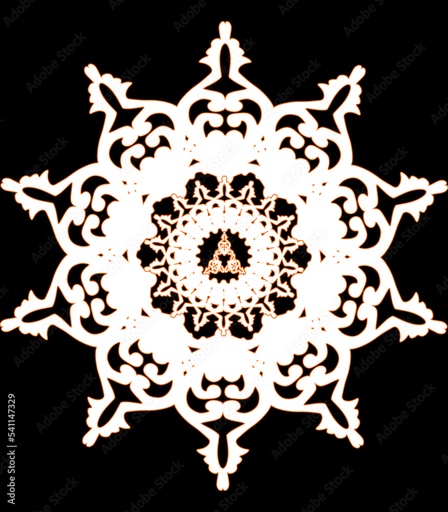Fototapeta premium The illustrations and clipart. Vector image. White carving with an orange outline in a mandala pattern on a black background.