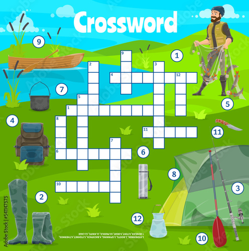 Fishing sport and camping items crossword puzzle quiz game grid worksheet. Cartoon vector fisherman, boots, spinning, backpack, fishnet and bowler, tent, boat, paddle and knife, cage
