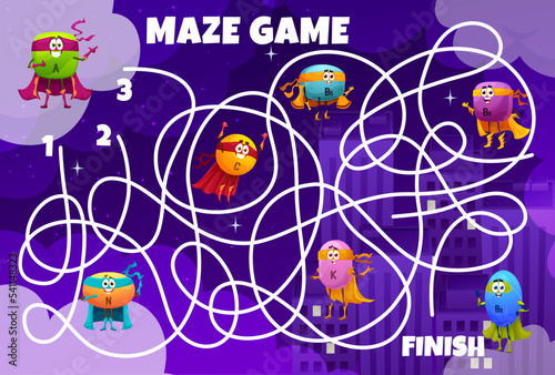 Cartoon vitamin superhero characters in night city, labyrinth maze game, vector kids puzzle. Labyrinth maze riddle worksheet. to find way for super hero vitamins B6, C and N or K defender pills