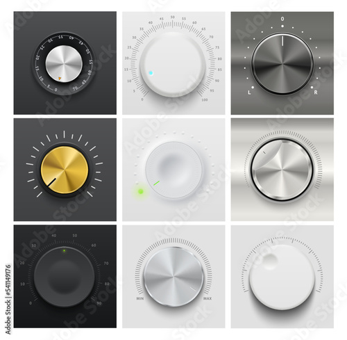 Volume dial knob, music amplifier regulator. Music player interface realistic vector rotate controller, stereo tuner volume level adjust analog 3d metal, golden and white plastic knob, wheel or switch