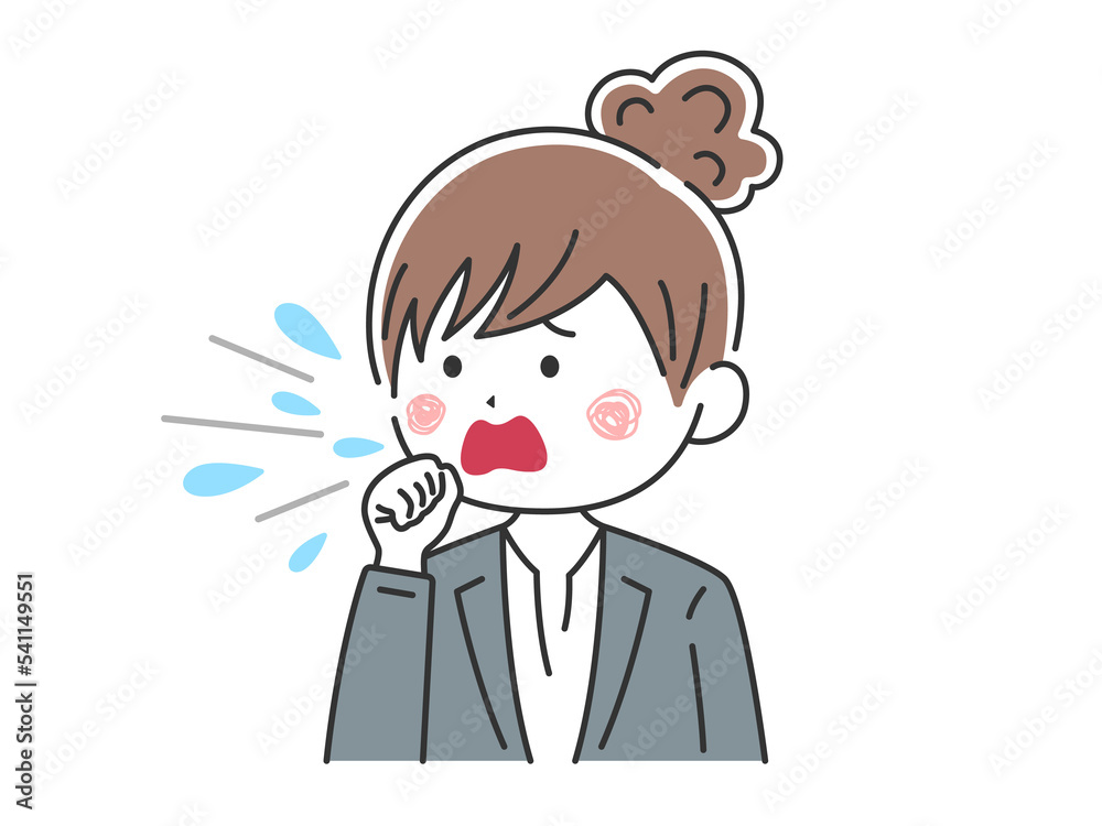 咳をする、髪を束ねた、ビジネスウーマンのイラスト 咳をする、髪を束ねた、ビジネスウーマンのイラスト