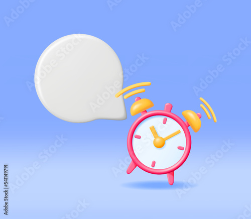 3D Classic Round Clock with Speech Bubble Isolated. Render Alarm Clock Icon Collection. Measurement of Time, Deadline, Time-Keeping and Time Management Concept. Watch Symbol. Vector Illustration