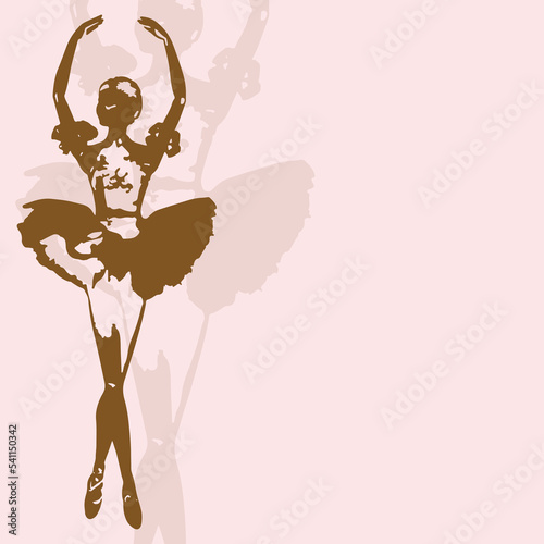 Silhouette ballerina in gold ballet tutu and pointe on pink background. Dancer in beautiful pose. Ballet. Concept poster design template.
