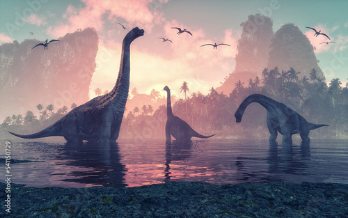 Brachiosaurus dinosaur in water next to islands with palm trees. photo