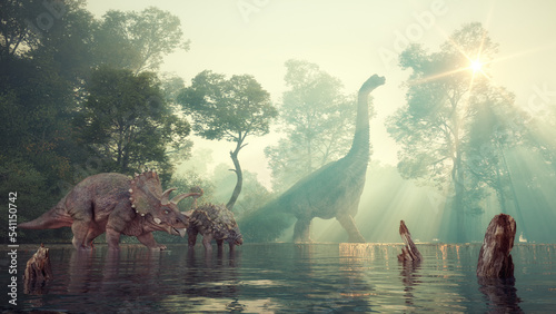 Brachiosaurus, ankylosaurus and triceratops in the valley at the lake. © Orlando Florin Rosu