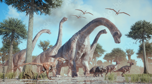 Dinosaur species - Brachiosaurus, Velociraptor, Triceratops, Parasaurolophus,in the nature. © Orlando Florin Rosu