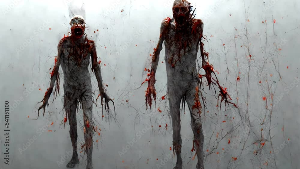 Generative AI animation of surreal painting of a deformed bloody zombies drawing. Digital image painted manipulation Halloween videoloop impressionism style.