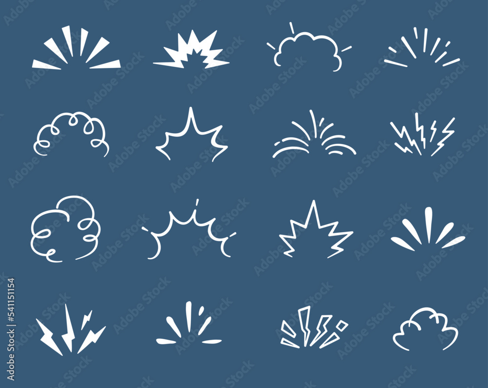 Cartoon doodle bomb explosion, comic clouds and smoke boom bubbles, vector icons. Doodle bomb explosion burst and blast puff effects, dynamite TNT or atomic bomb mushroom explode and crash icons
