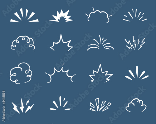 Fototapeta Cartoon doodle bomb explosion, comic clouds and smoke boom bubbles, vector icons
