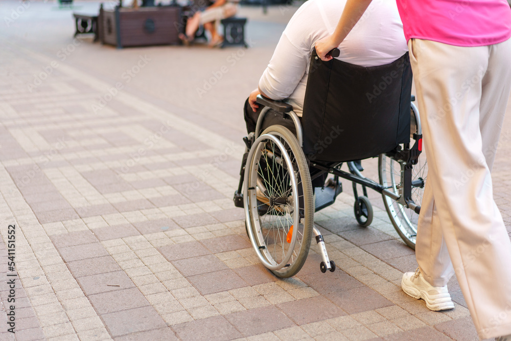 Obraz premium Back view of young woman helping mature woman in wheelchair in the city