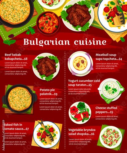 Bulgarian cuisine menu. Salad Shopska with sirene cheese, beef kebab Kebapcheta and baked fish in tomato sauce, chicken vegetable Plakia, pie Patatnik and Supa Topcheta, stuffed peppers, soup Tarator