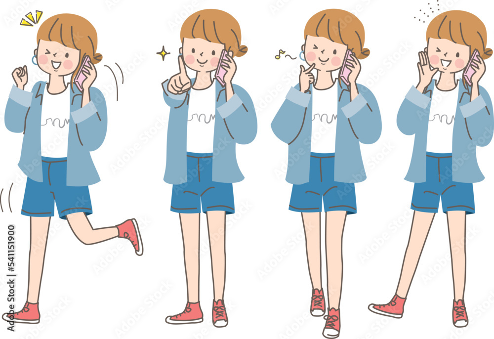 スマホで話す若い女性のポジティブな表情　ベクターイラスト素材