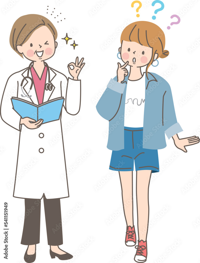白衣を着た女性医師に相談する若い女性のベクターイラスト素材 白衣を着た女性医師に相談する若い女性のベクターイラスト素材