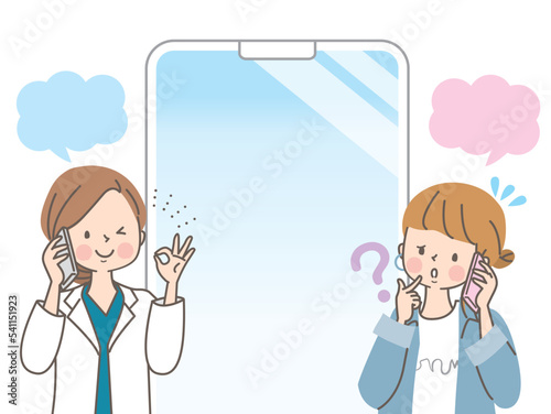 スマホで相談する若い女性と相談に応える医師