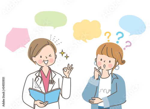 白衣を着た女性医師に相談する若い女性のベクターイラスト素材