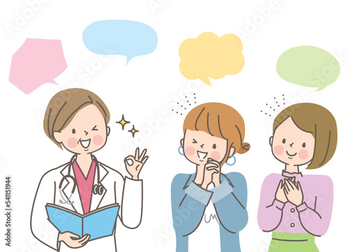 白衣を着た女性医師に相談する若い女性達のベクターイラスト素材