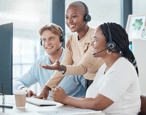 Training, teamwork and call center team in office on computer working together. Customer service, diversity and coaching manager, leader or employee helping, advise or teaching in company workplace.