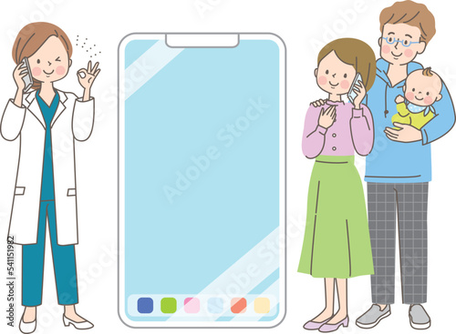 スマホで電話相談する赤ちゃんを抱っこした家族と相談に応える医師