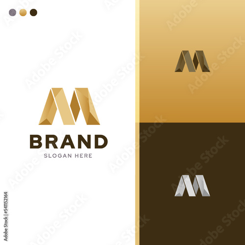 Initial letter M royal concept logo design idea template vector with color combination elegant gold, luxury premium brand identity