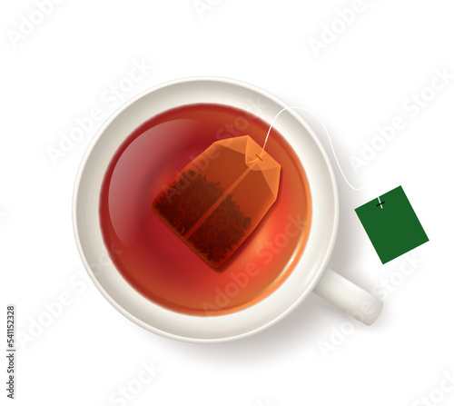 Isolated cup with tea bag, top view of hot drink mug, realistic 3D vector. Teacup with teabag, herbal black or green tea package template for English breakfast, orange pekoe or earl grey tea bags