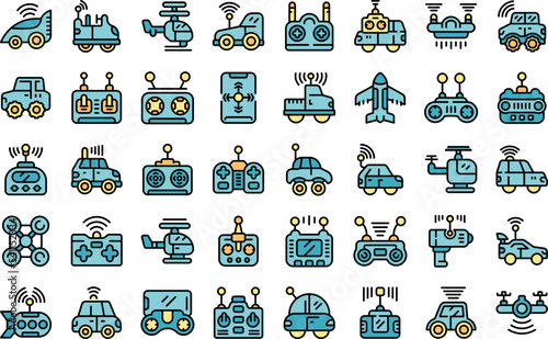 Radio control toys icons set outline vector. Rc helicopter. Toy control thin line color flat on white