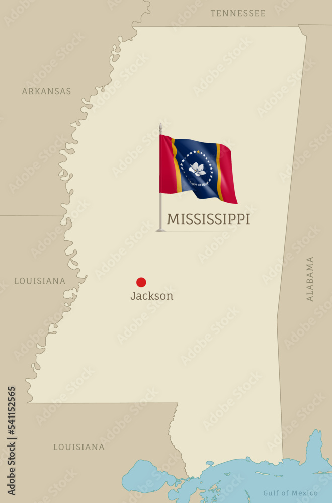 Map of Mississippi USA federal state with waving flag. Highly detailed