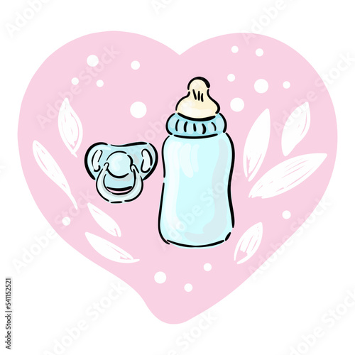 Pacifier and bottle of milk on pink heart for newborn baby girl. Vector illustration design for fashion fabrics, textile graphics, prints.