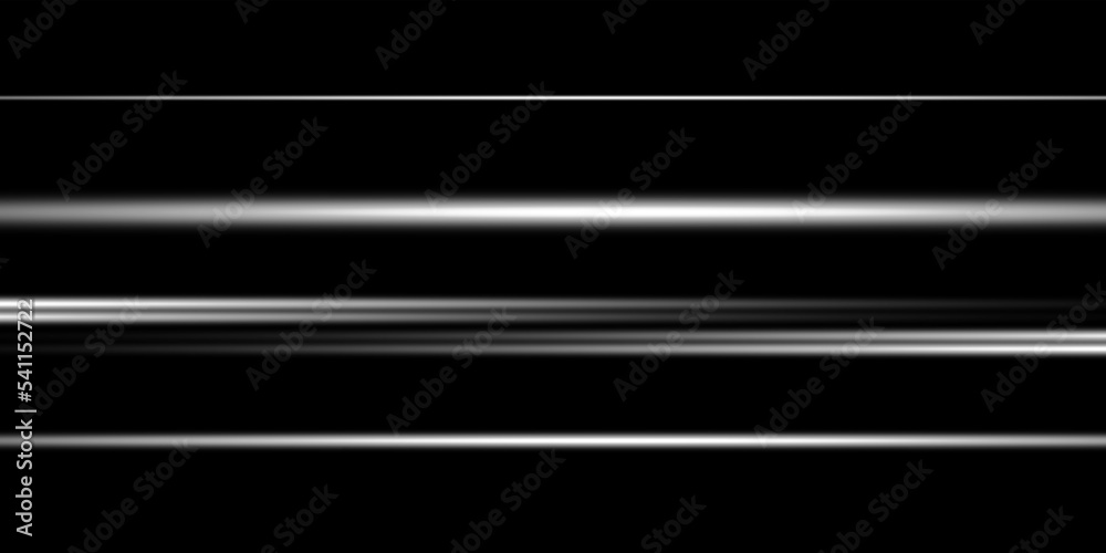 Set of white horizontal highlights. Laser beams, horizontal light beams. Beautiful light reflections. Glowing stripes on a black background.