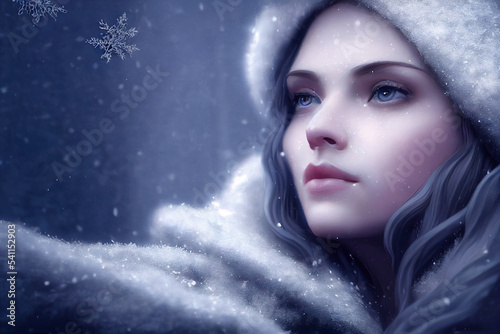 digital drawing of a girl against a cold winter background. Art. Background, illustration. Realistic, oil