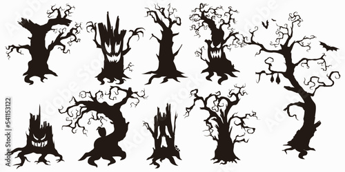 halloween tree silhouette. scary tree in black and white set icon vector illustration EPS10