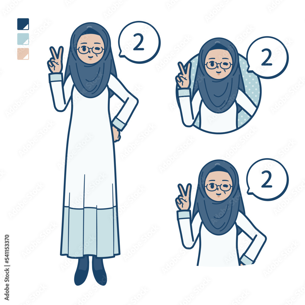 シニアのアラビア人女性が2とカウントしているイラスト シニアのアラビア人女性が2とカウントしているイラスト