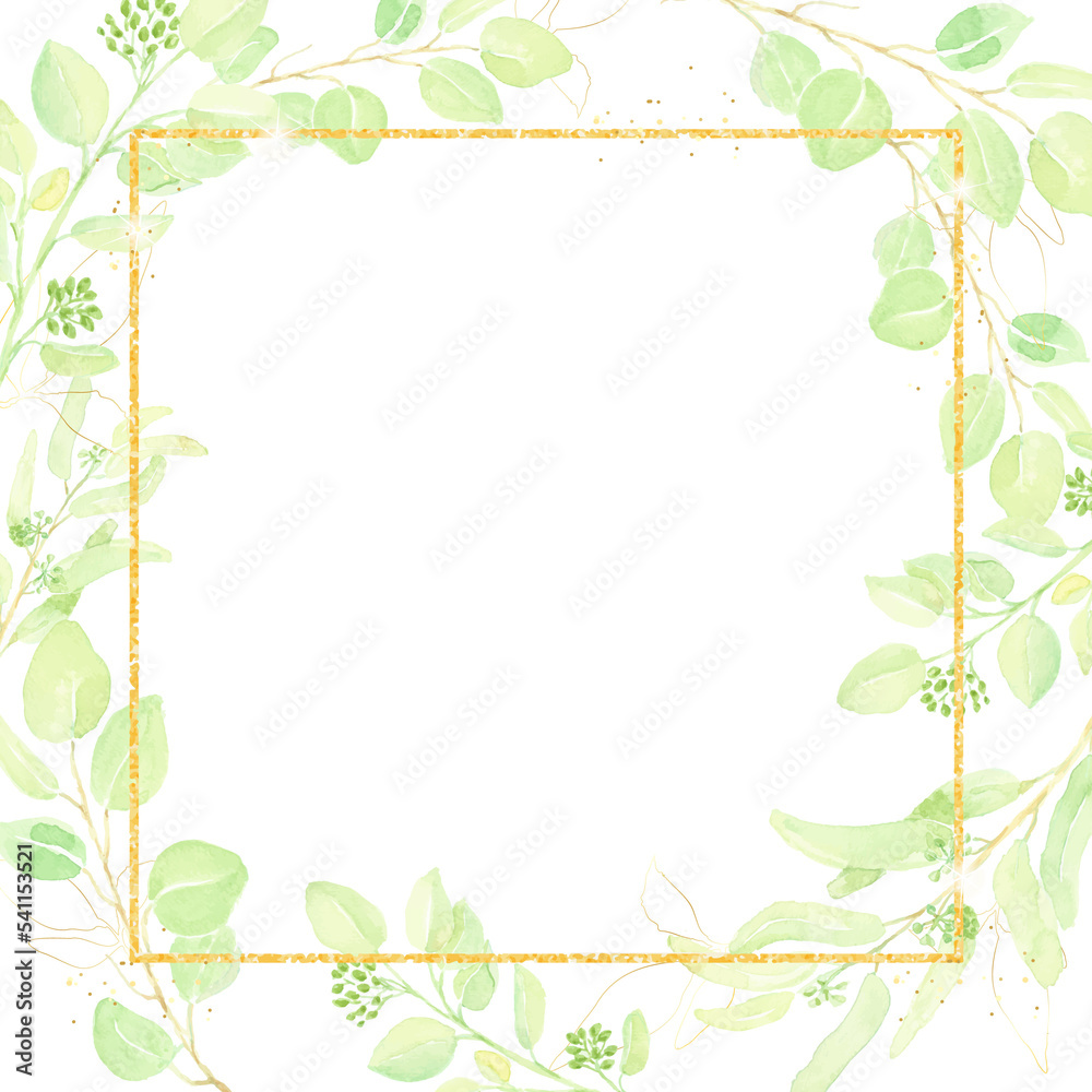 watercolor hand drawn seeded eucalyptus leaf with gold glitter frame square banner background watercolor hand drawn seeded eucalyptus leaf with gold glitter frame square banner background