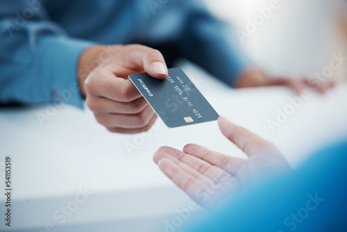 Tablou pe pânză Corporate hands exchange credit card to accountant for payment for company tax bills, money loan and accounting fees