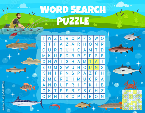 Fishing sport word search puzzle game vector worksheet and kids quiz grid. Puzzle or riddle to find word of fisher catching a fish, tuna and salmon, shrimp and crab, pike in lake