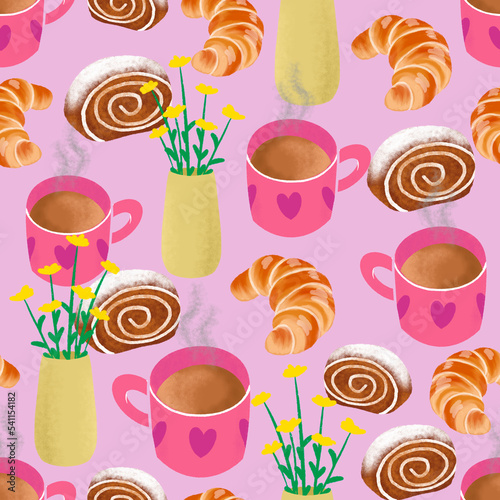 Coffee break fika pastry and coffee seamless pattern design photo