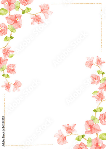 watercolor pink Bougainvillea with  minimal line frame for wedding or birthday invitation card