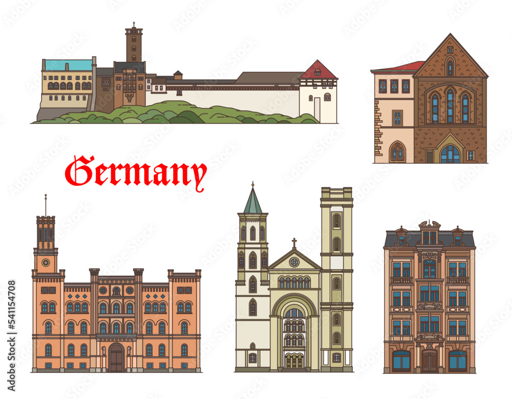 Germany buildings of Zittau and Eisenach Wartburg, vector architecture landmarks. German Thuringia and Saxony buildings of Noacksches Haus palace and castle, Predigerkirche and St John church